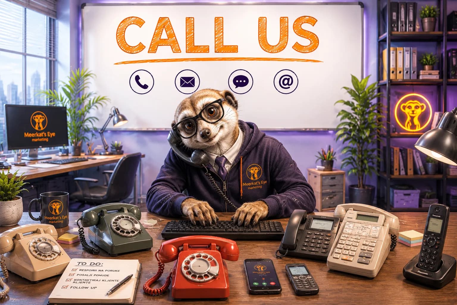 Merkat sa slušalicama i mikrofonom za stolom u kancelariji agencije Meerkat's Eye marketing, spreman za razgovor sa klijentom